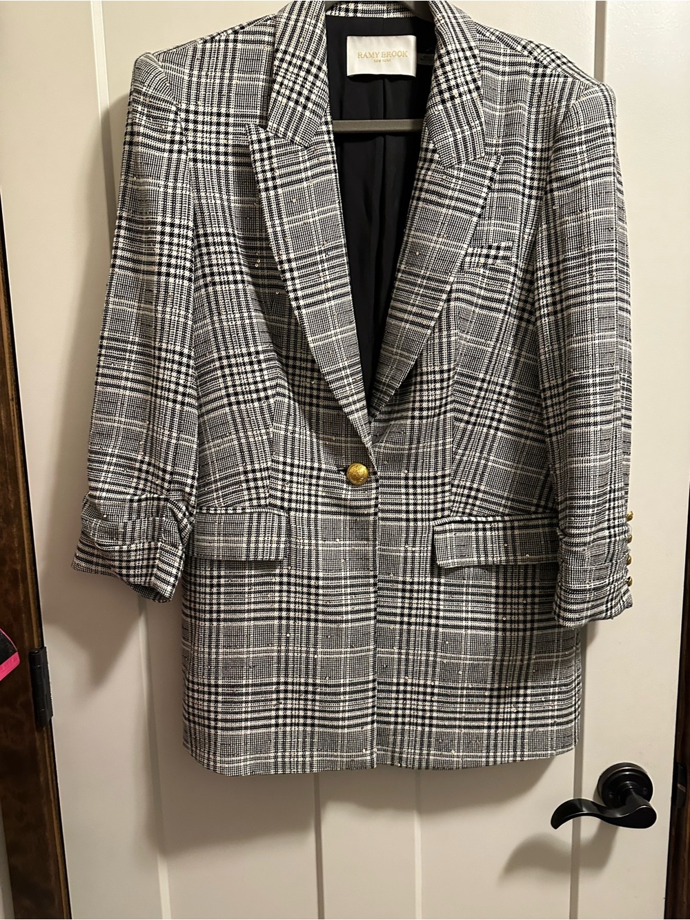 Ramy Brook Black & White Plaid Blazer with Gold Sequins. Size 6 worn once.